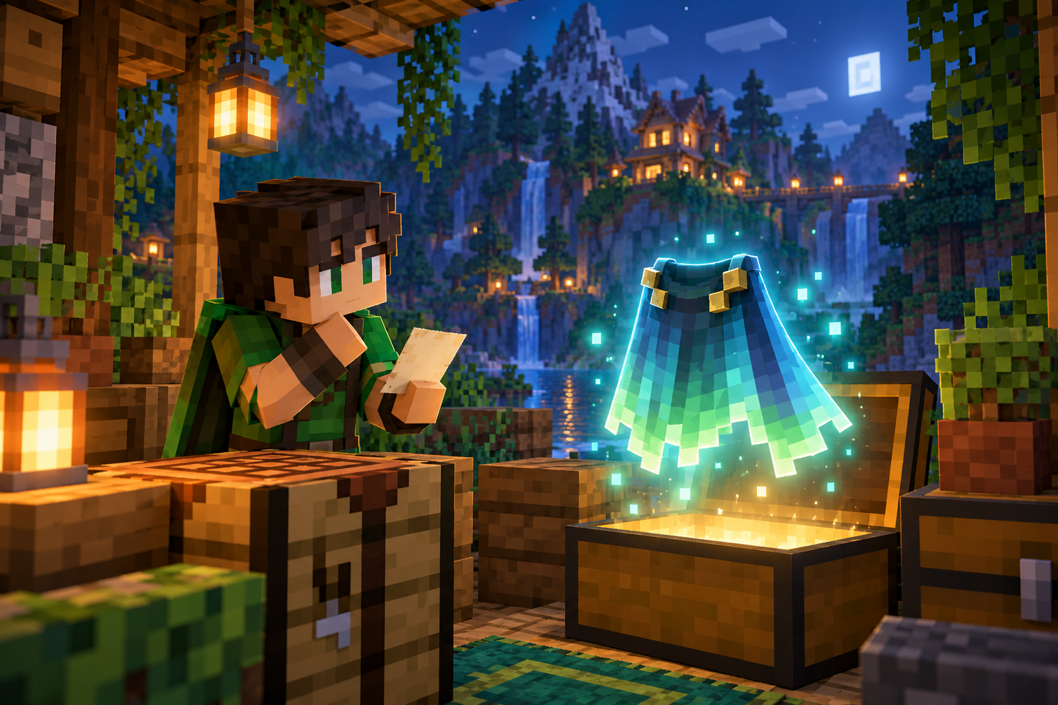 Minecraft-style scene of a player holding a paper slip at a desk while a cape glows above a chest